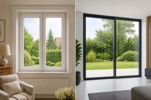 Comparaison entre une fenêtre PVC blanche et une grande baie aluminium