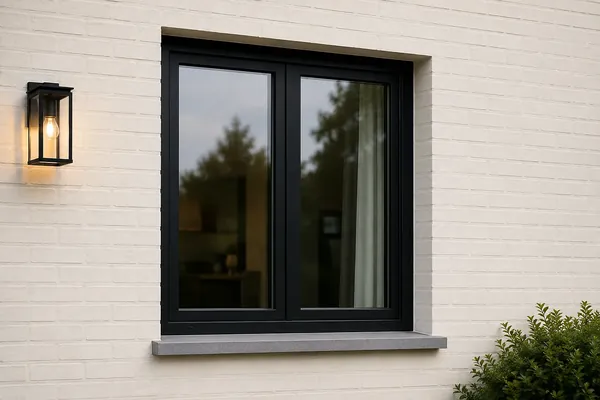 Fenêtre PVC à cadre noir et deux vantaux sur une façade en briques claires, à la tombée du jour — réalisation Pulsar Windows