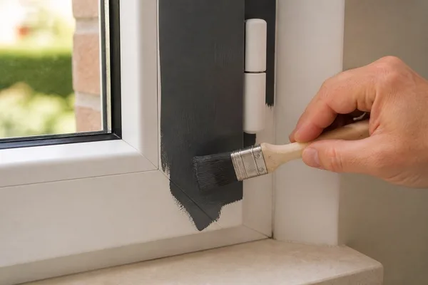 Application d’une peinture foncée au pinceau sur un châssis en PVC blanc