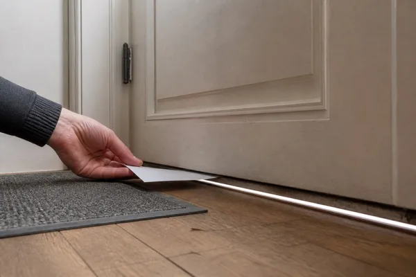 Test d’étanchéité à l’air au seuil d’une porte d’entrée avec une feuille de papier