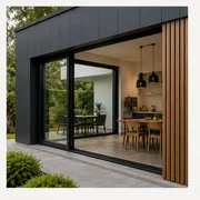 Grande baie coulissante aluminium ouvrant une salle à manger sur la terrasse