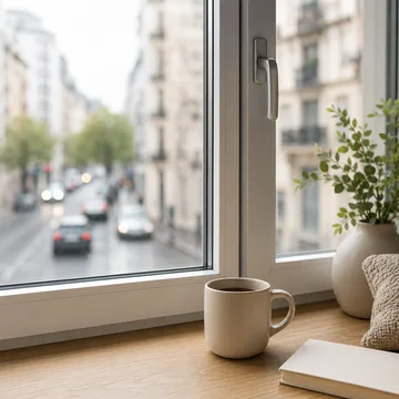 Fenêtre PVC donnant sur une rue passante, intérieur calme avec une tasse