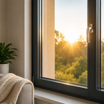 Fenêtre PVC laissant entrer la lumière du soir dans un salon chaleureux