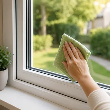 Nettoyage d'une vitre à la main avec un chiffon microfibre