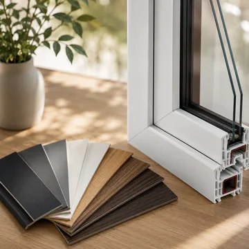 Échantillons de teintes de châssis PVC : blanc, aspect bois et foncé