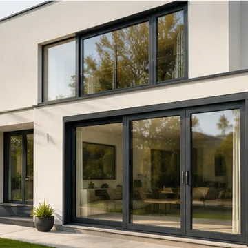 Villa contemporaine avec de grandes fenêtres et baies à profilé noir