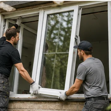 Deux poseurs installant une fenêtre dans une façade en briques
