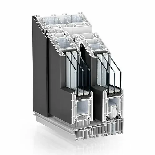 Coin de châssis PremiDoor 76 AluClip, habillage aluminium anthracite sur profilé PVC, en coupe
