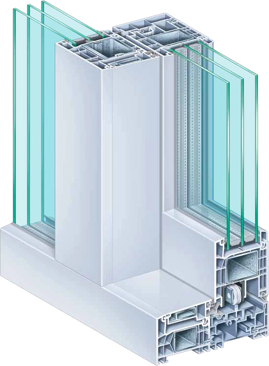 Coin de châssis PVC Kömmerling PremiSlide 76 (coulissant compact) en coupe — Pulsar Windows