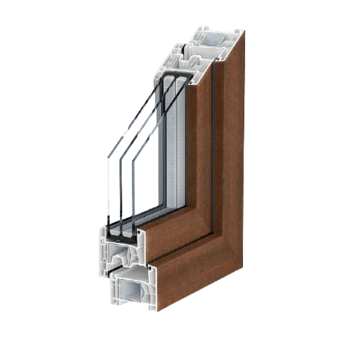 Profilé PVC Kömmerling 76 AD en coupe, finition aspect bois — Pulsar Windows