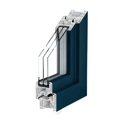 Profilé PVC Kömmerling 76 MD (joint central) en coupe, teinte foncée — Pulsar Windows