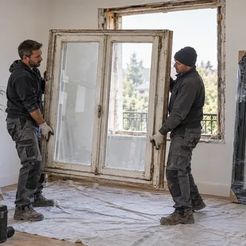 Deux poseurs qui déposent un ancien châssis en bois, nouveau châssis emballé posé contre le mur