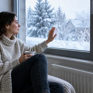 Personne en pull qui sent le froid de la vitre, radiateur allumé sous la fenêtre, neige dehors